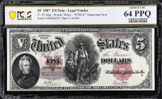 Fr. 92. 1907 $5 Legal Tender Note. PCGS Banknote Choice Uncirculated 64 PPQ.
"PCBLIC" engraving error. President Andrew Jackson is depicted at left, ...