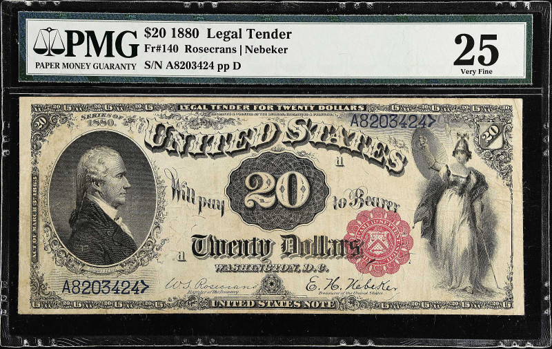 Fr. 140. 1880 $20 Legal Tender Note. PMG Very Fine 25.
An attractive Very Fine ...