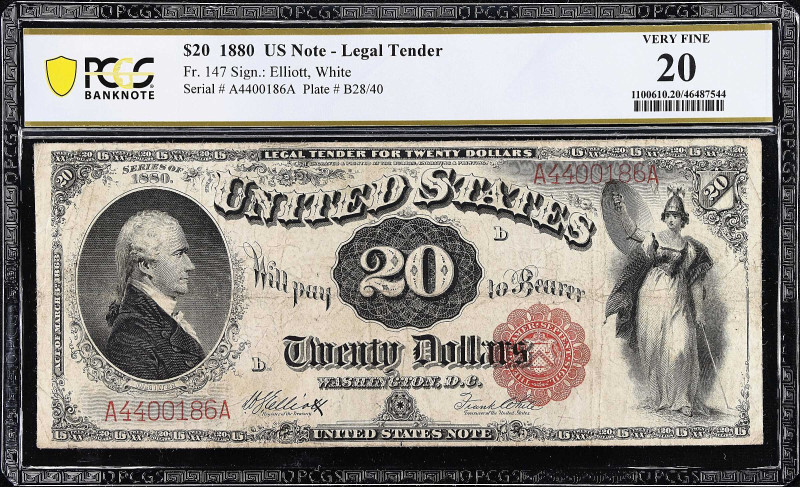 Fr. 147. 1880 $20 Legal Tender Note. PCGS Banknote Very Fine 20.
Hamilton is de...