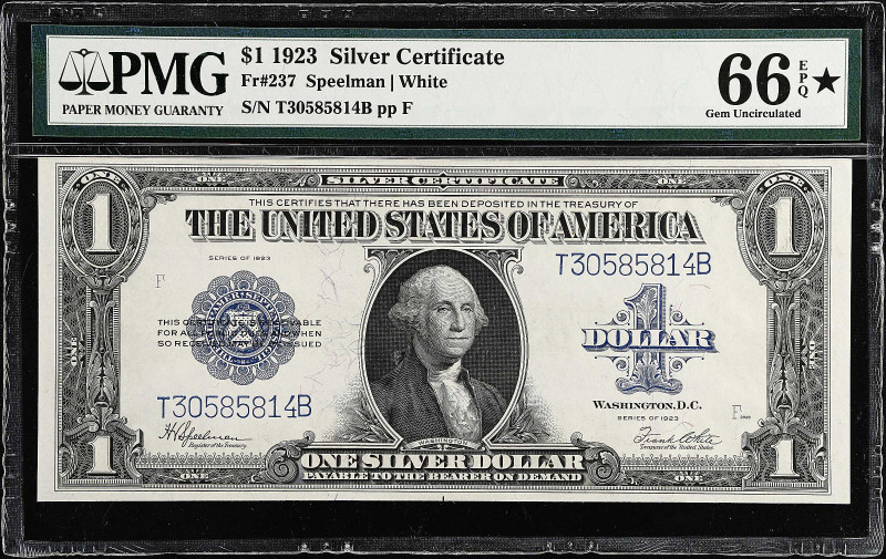 Fr. 237. 1923 $1 Silver Certificate. PMG Gem Uncirculated 66 EPQ*.

Estimate: ...