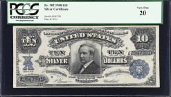 Fr. 302. 1908 $10 Silver Certificate. PCGS Currency Very Fine 20.
A popular tombstone design, and this circulated example offers dark design details....