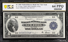 Fr. 712. 1918 $1 Federal Reserve Bank Note. New York. PCGS Banknote Choice Uncirculated 64 PPQ.
Teehee - Burke - Hendricks - Strong signature combina...