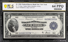Fr. 712. 1918 $1 Federal Reserve Bank Note. New York. PCGS Banknote Choice Uncirculated 64 PPQ.
Teehee - Burke - Hendricks - Strong signature combina...