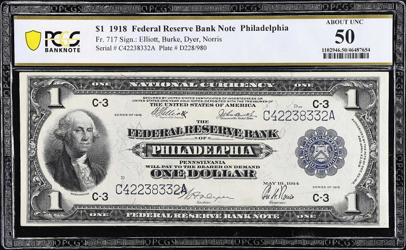 Fr. 717. 1918 $1 Federal Reserve Bank Note. Philadelphia. PCGS Banknote About Un...