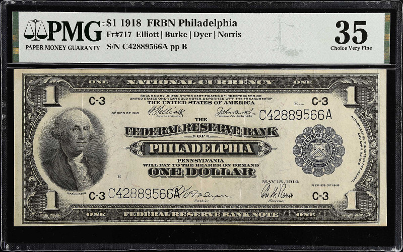 Fr. 717. 1918 $1 Federal Reserve Bank Note. Philadelphia. PMG Choice Very Fine 3...