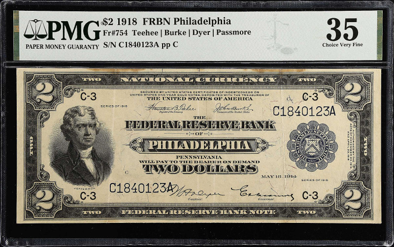 Fr. 754. 1918 $2 Federal Reserve Bank Note. Philadelphia. PMG Choice Very Fine 3...