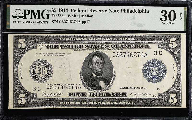 Fr. 855a. 1914 $5 Federal Reserve Bank Note. Philadelphia. PMG Very Fine 30 EPQ....