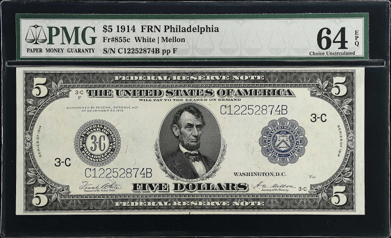 Fr. 855c. 1914 $5 Federal Reserve Note. Philadelphia. PMG Choice Uncirculated 64...