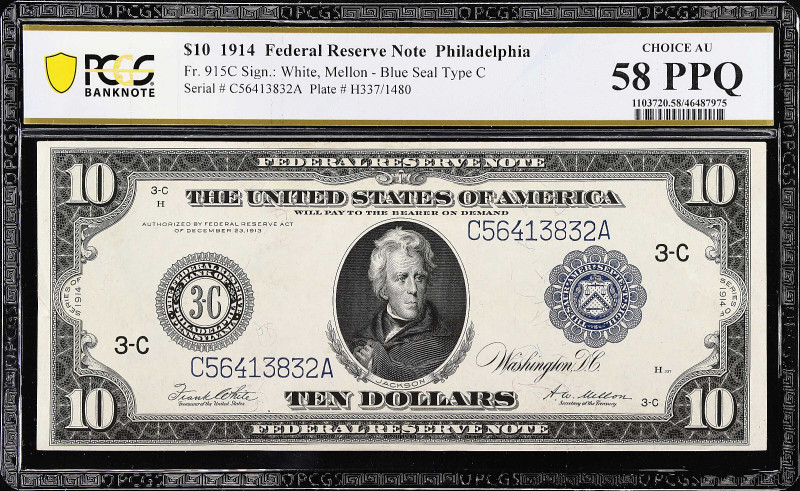 Fr. 915C. 1914 $10 Federal Reserve Note. Philadelphia. PCGS Banknote Choice Abou...