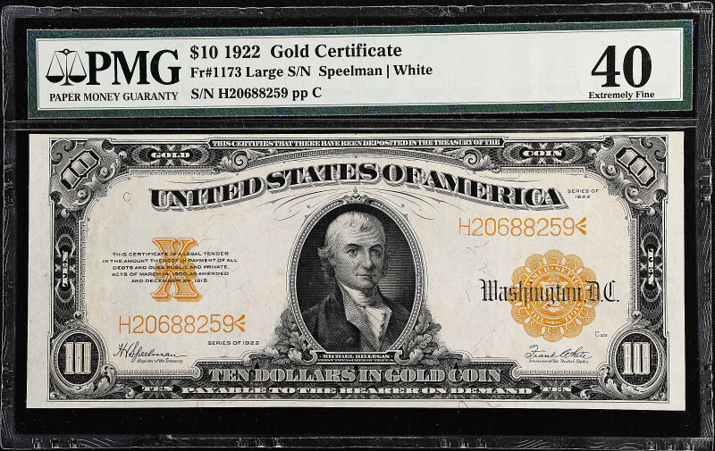 Fr. 1173. 1922 $10 Gold Certificate. PMG Extremely Fine 40.
Large serial number...