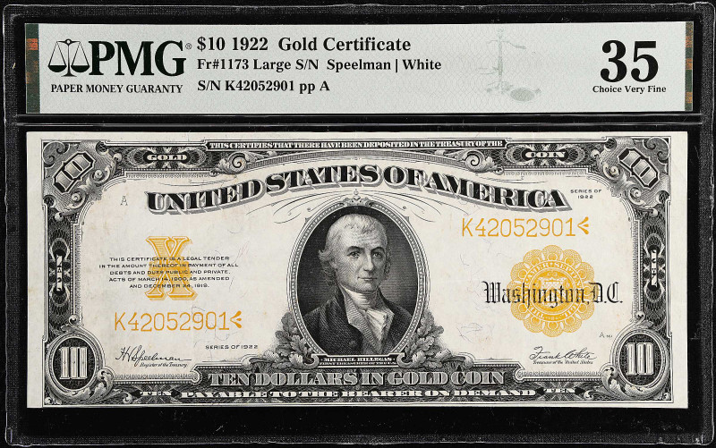 Fr. 1173. 1922 $10 Gold Certificate. PMG Choice Very Fine 35.
A bright mid-grad...