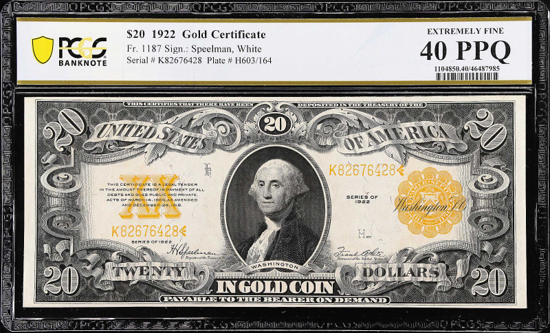 Fr. 1187. 1922 $20 Gold Certificate. PCGS Banknote Extremely Fine 40 PPQ.
Dark ...