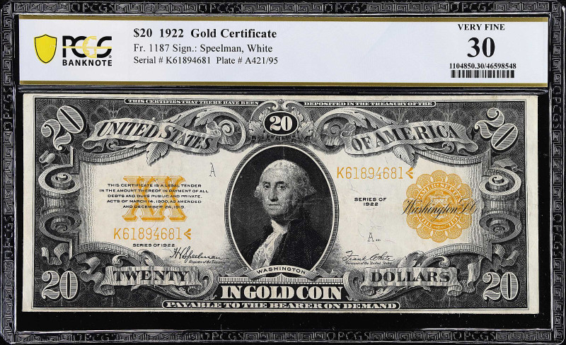 Fr. 1187. 1922 $20 Gold Certificate. PCGS Banknote Very Fine 30.
A popular type...