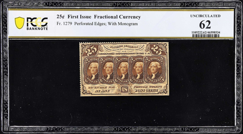 Fr. 1279. 25 Cents. First Issue. PCGS Banknote Uncirculated 62.
Perforated edge...