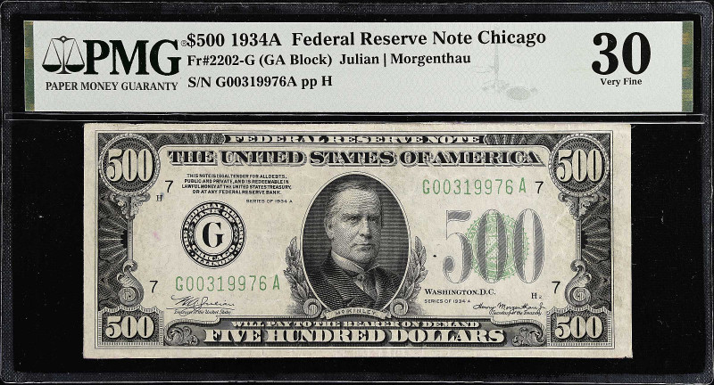 Fr. 2202-G. 1934A $500 Federal Reserve Note. Chicago. PMG Very Fine 30.
PMG com...