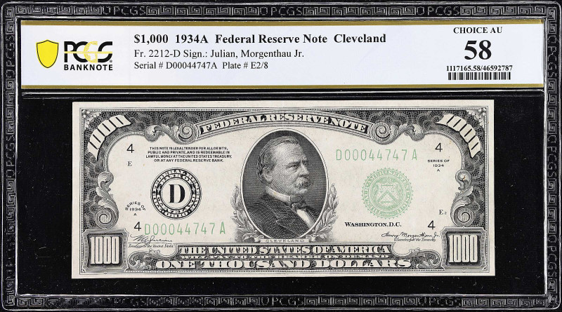 Fr. 2212-D. 1934A $1000 Federal Reserve Note. Cleveland. PCGS Banknote Choice Ab...