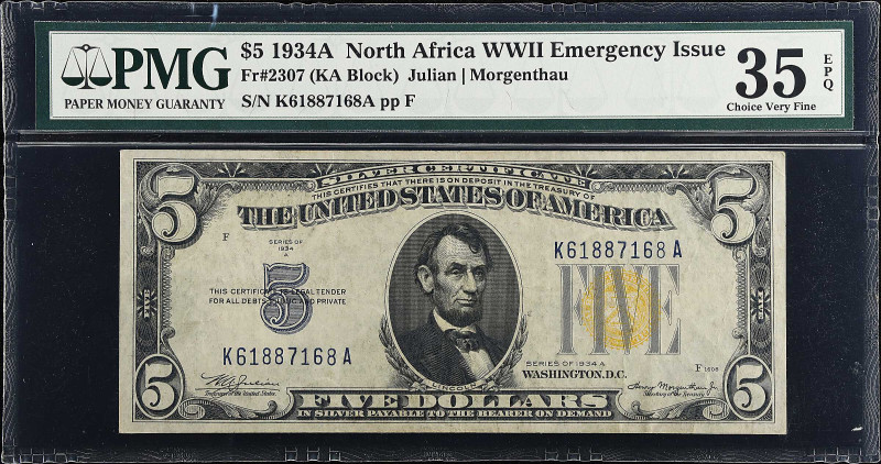 Fr. 2307. 1934A $5 North Africa Emergency Note. PMG Choice Very Fine 35 EPQ.

...