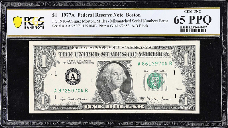 Fr. 1910-A. 1977A $1 Federal Reserve Note. Boston. PCGS Banknote Gem Uncirculate...