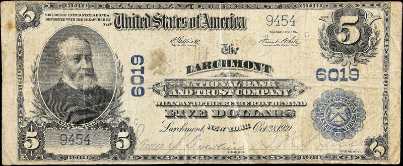 Larchmont, New York. 1902 Plain Back. $5. Fr. 608. The Larchmont NB & TC. Charte...