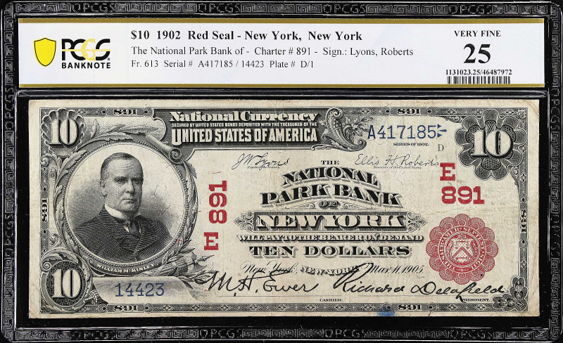 New York, New York. 1902 Red Seal $10 Fr. 613. The National Park Bank. Charter #...