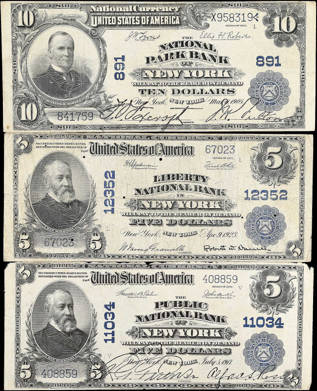 Lot of (3) New York, New York. 1902 Plain Back $5 & $10. Fr. 606, 609 & 624. Cha...