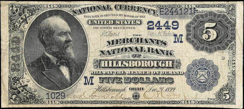 Hillsborough, Ohio. $5. 1882 Date Back. Fr. 537. The Merchants NB. Charter #2449...