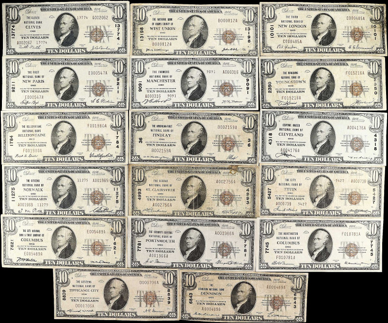 Lot of (17) Ohio Nationals. $10 1929 Ty. 1 & Ty. 2. Fr. 1801-1 & 1801-2. Fine to...