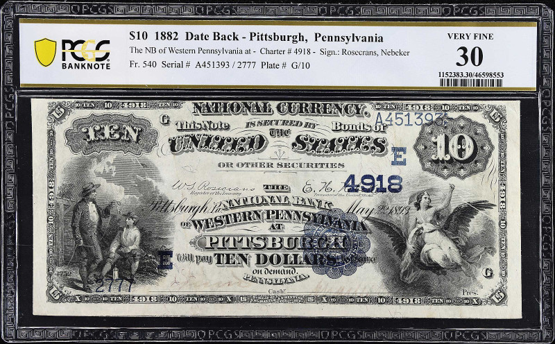 Pittsburgh, Pennsylvania. $10 1882 Date Back. Fr. 540. The NB of Western Pennsyl...