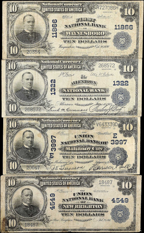 Lot of (4) Pennsylvania Nationals. $10. 1902 Plain Back. Fr. 624, 626, 627 & 633...