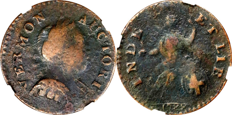 1788 Vermont Copper. RR-16, Bressett 15-S, W-2120. Rarity-1. Bust Right. Fine De...