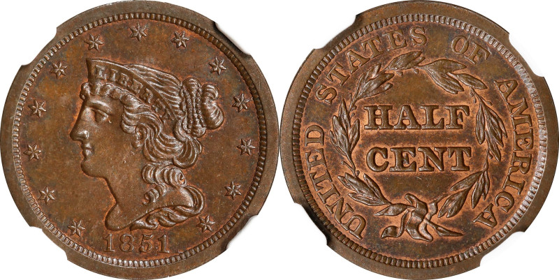 1851 Braided Hair Half Cent. C-1. MS-64 BN (NGC). CAC.
PCGS# 1224. NGC ID: 26YW...
