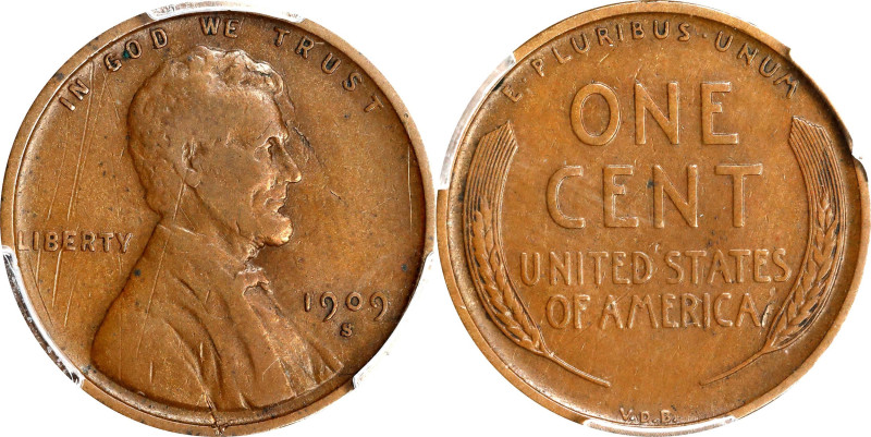 1909-S Lincoln Cent. V.D.B. VF Details--Scratch (PCGS).
PCGS# 2426. NGC ID: 22B...
