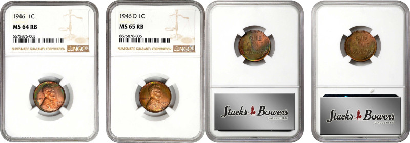 Lot of (2) 1946-Dated Lincoln Cents. (NGC).
Included are: 1946 MS-64 RB; and 19...