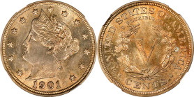 1901 Liberty Head Nickel. MS-62 (NGC).
PCGS# 3862. NGC ID: 277C.