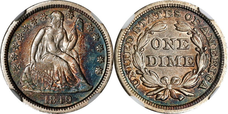 1849 Liberty Seated Dime. AU-50 (NGC).
PCGS# 4591. NGC ID: 238G.