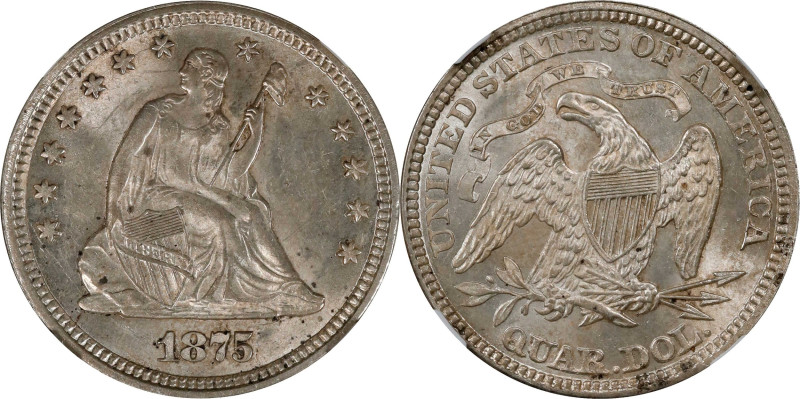 1875 Liberty Seated Quarter. MS-61 (NGC).
PCGS# 5498. NGC ID: 23UX.