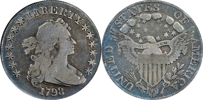 1798 Draped Bust Silver Dollar. Heraldic Eagle. Pointed 9. Fine-12 (PCGS).
PCGS...