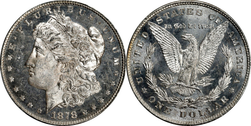 1878 Morgan Silver Dollar. 8 Tailfeathers. VAM-6. Pierced Eyelid. MS-62 PL (PCGS...