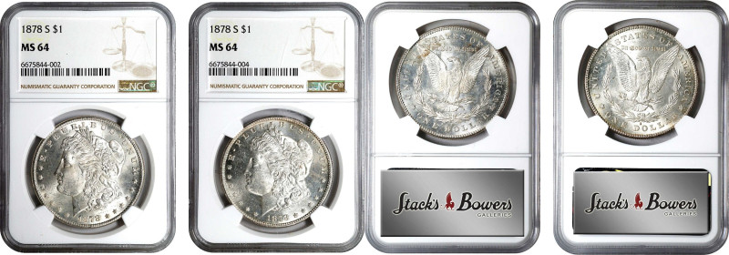 Lot of (2) 1878-S Morgan Silver Dollars. MS-64 (NGC).
PCGS# 7082. NGC ID: 253R.