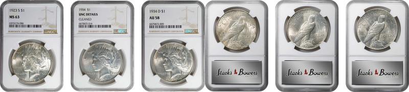 Lot of (3) Peace Silver Dollars. (NGC).
Included are: 1923-S MS-63; 1934 Unc De...