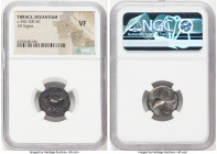 THRACE. Byzantium. Ca. 350-300 BC. AR siglos (18mm). NGC VF. Chian standard. ΠY, bull standing left on dolphin left, right foreleg raised with trident...