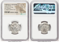 PAMPHYLIA. Aspendus. Ca. 325-250 BC. AR stater (23mm, 10.55 gm, 12h). NGC Choice AU 4/5 - 3/5, brushed. Two wrestlers grappling, I PT (PT ligate) betw...