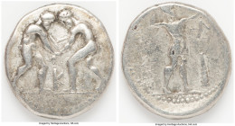 PISIDIA. Selge. Ca. 325-250 BC. AR stater (23mm, 9.92 gm, 12h). Fine, scratches. Two wrestlers grappling, K between / ΣΕΛΓΕΩΝ, slinger striding to rig...