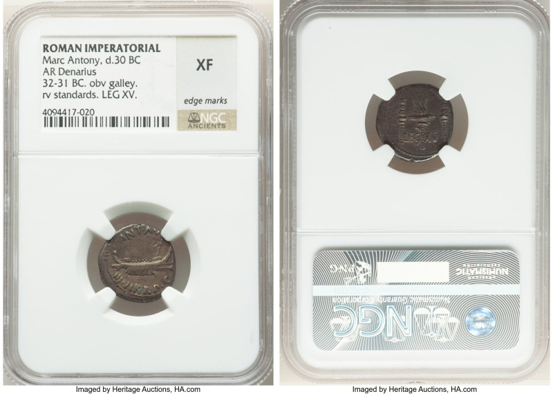 Marc Antony (43-30 BC). AR denarius (17mm, 6h). NGC XF, edge marks. Legionary is...