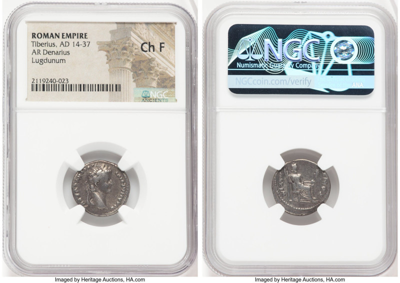 Tiberius (AD 14-37). AR denarius (18mm, 12h). NGC Choice Fine. Lugdunum, ca. AD ...