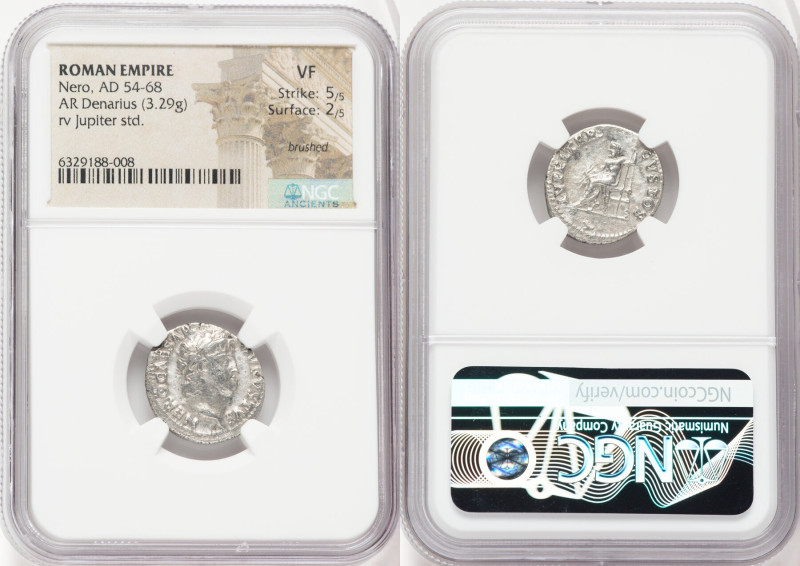 Nero, as Augustus (AD 54-68). AR denarius (19mm, 3.29 gm, 7h). NGC VF 5/5 - 2/5,...