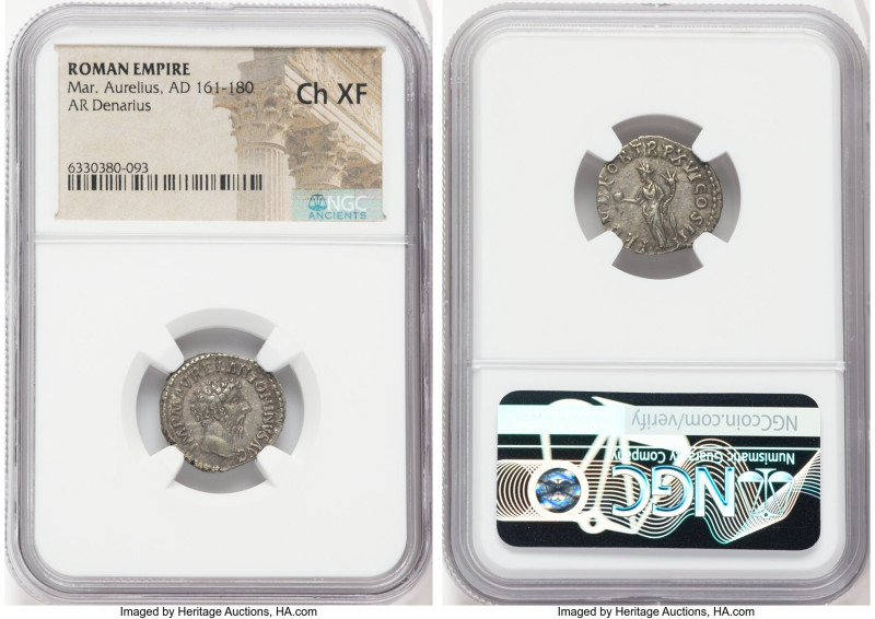 Marcus Aurelius, as Augustus (AD 161-180). AR denarius (17mm, 5h). NGC Choice XF...