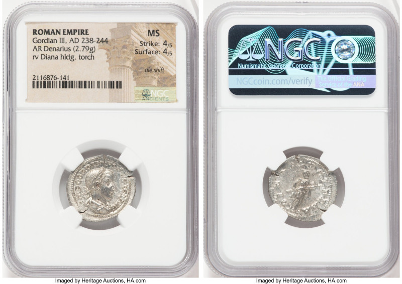 Gordian III (AD 238-244). AR denarius (21mm, 2.79 gm, 1h). NGC MS 4/5 - 4/5, die...