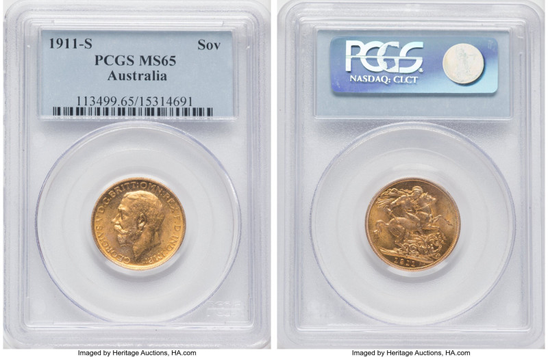 George V gold Sovereign 1911-S MS65 PCGS, Sydney mint, KM29, S-4003. HID09801242...