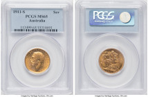 George V gold Sovereign 1911-S MS65 PCGS, Sydney mint, KM29, S-4003. HID09801242017 © 2022 Heritage Auctions | All Rights Reserved